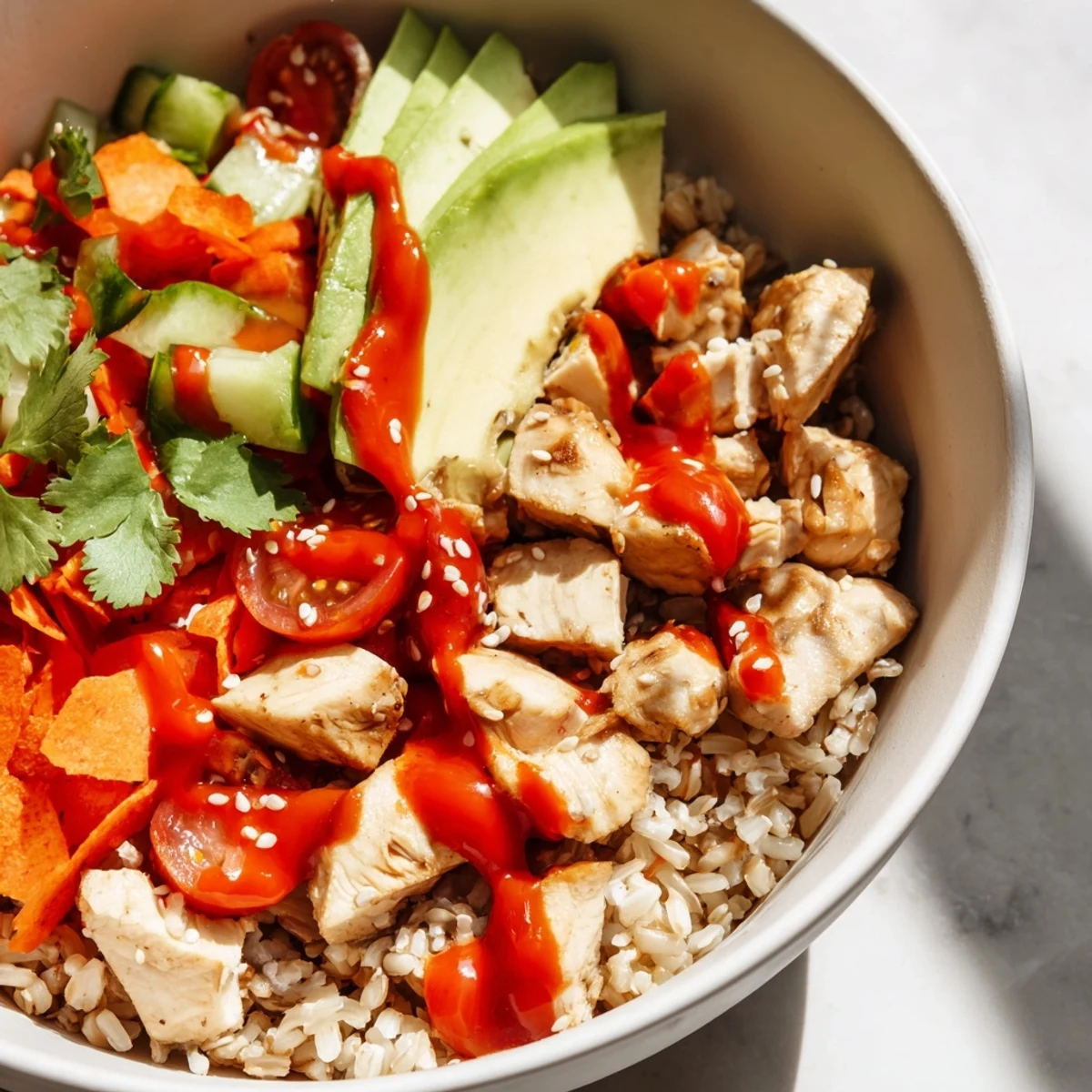 Tender chicken rests on brown rice with spinach and cherry tomatoes in a Spicy Lunch Bowl.
