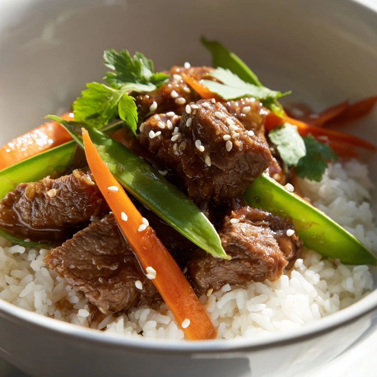 A close-up of a vibrant Beef Lunch Bowl features colorful carrots, bell peppers, and snap peas tossed in a glossy savory sauce.