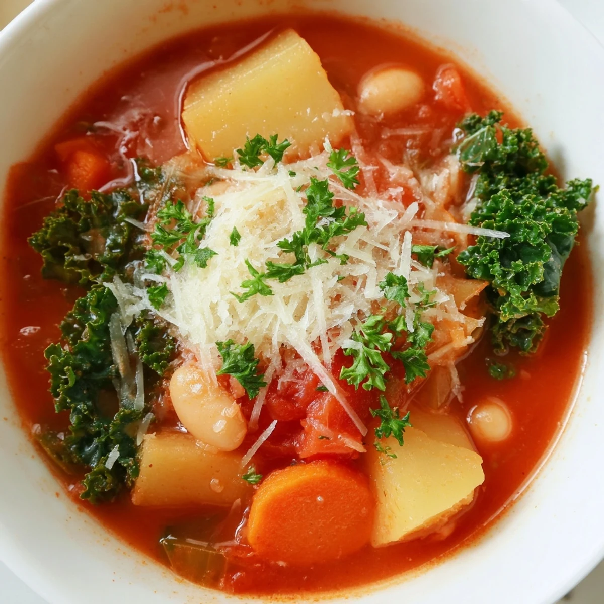 Winter Lunch Soup in a rustic bowl, showcasing tender kale, carrots, and creamy white beans.