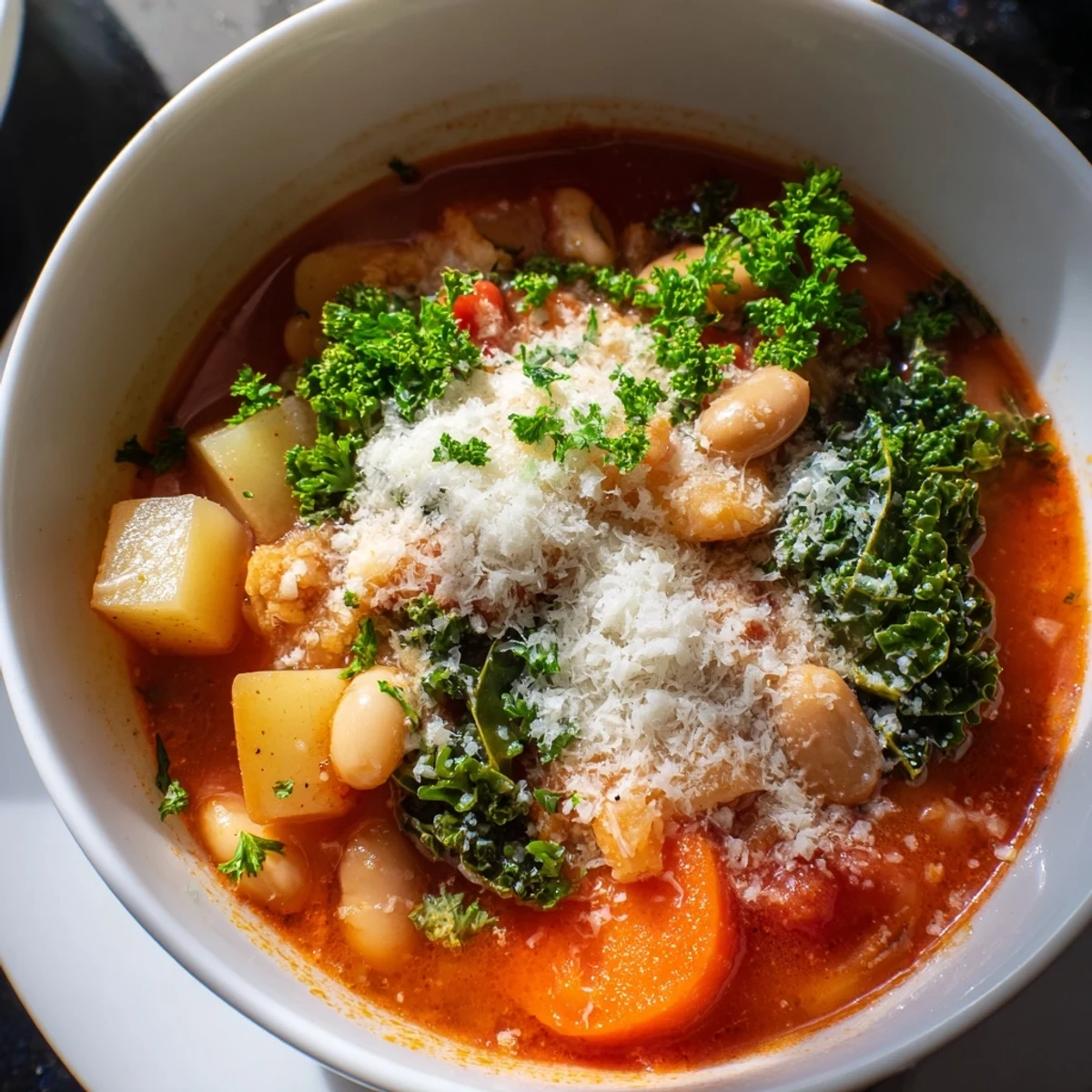 Hearty Winter Lunch Soup topped with fresh parsley and parmesan cheese for a comforting meal.