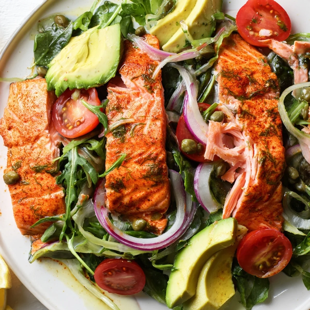 Golden-baked salmon fillet topped with lemon slices over mixed greens in a vibrant Baked Salmon Lunch Salad.