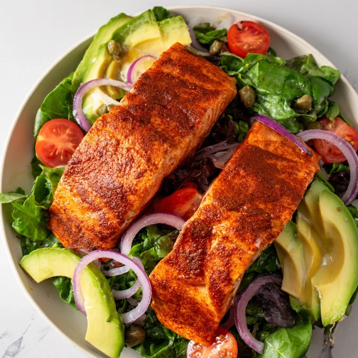 Flaky baked salmon rests on crisp greens, cucumber, and tomatoes for a fresh Baked Salmon Lunch Salad.