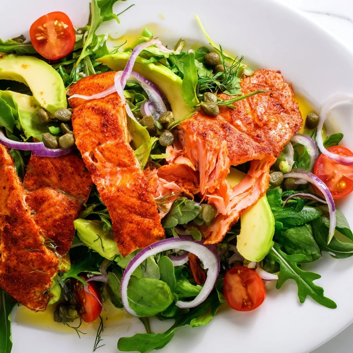 Fork-tender salmon pieces on avocado and cherry tomatoes make a nourishing Baked Salmon Lunch Salad.