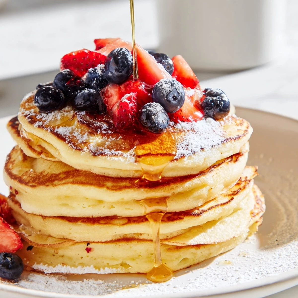 Golden-brown Lemon Breakfast Pancake stack topped with fresh berries and a light dusting of powdered sugar, ready for a bright morning meal.