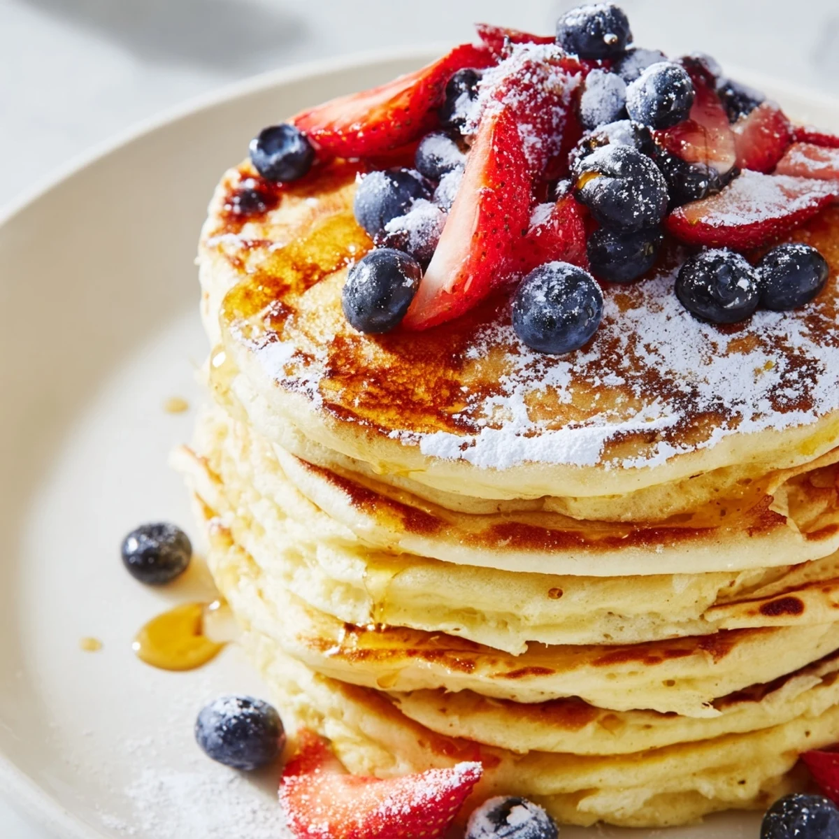 Steamy Lemon Breakfast Pancake flapjacks flipping on a griddle, showing a fluffy texture and vibrant golden edges.