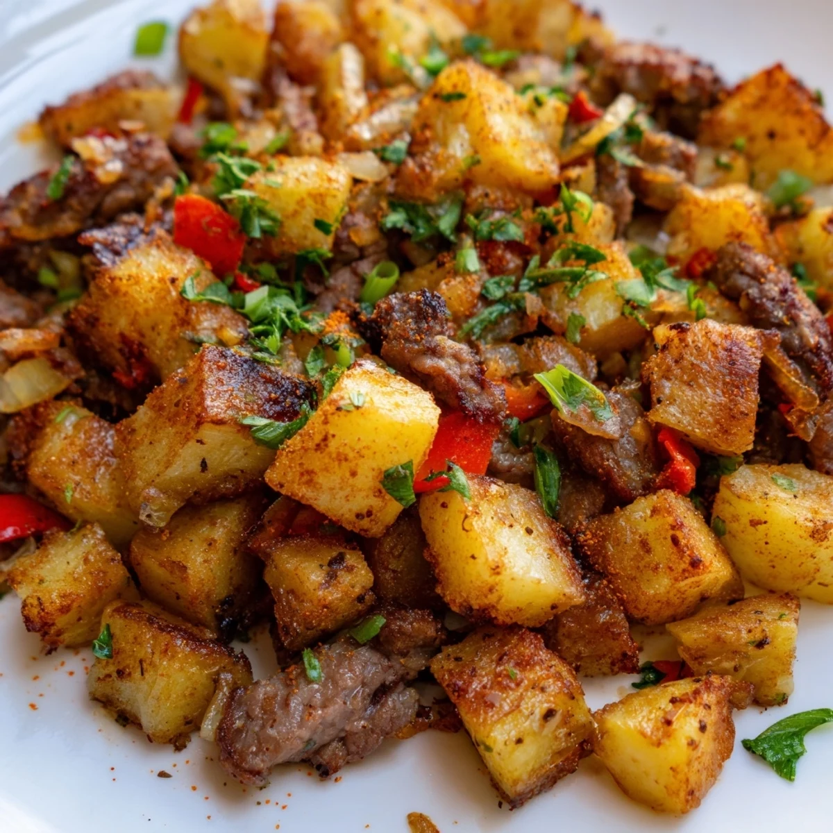 A close-up view of a sizzling skillet of Beef Breakfast Hash topped with sunny-side-up eggs and fresh green onions.