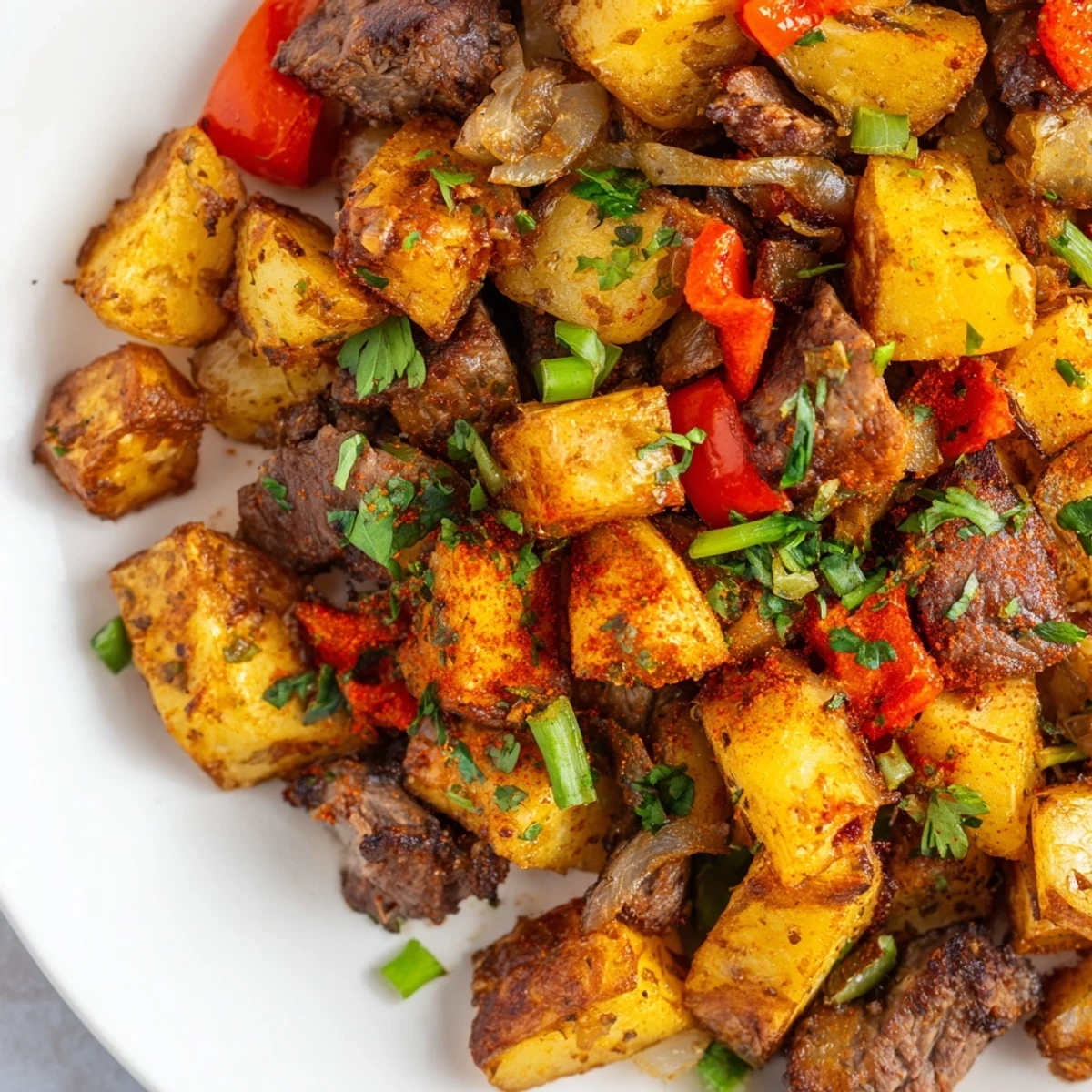 Golden crispy potatoes, savory beef, and sautéed peppers fill a cast-iron skillet for a hearty Beef Breakfast Hash.