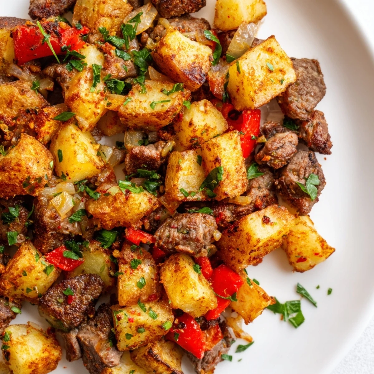 This gluten-free Beef Breakfast Hash features tender beef, caramelized onions, and diced red bell peppers served hot for breakfast.