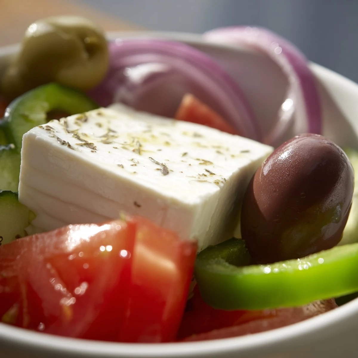Freshly chopped Greek Salad with Kalamata olives and creamy feta cheese glistening with olive oil.