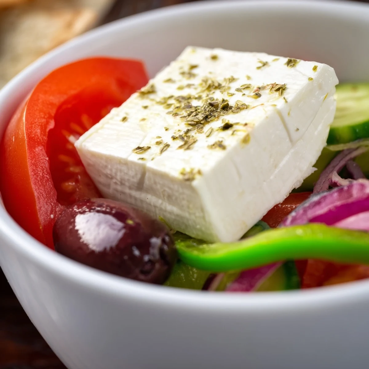 Colorful bowl of Greek Salad featuring crisp cucumbers, juicy tomatoes, and tangy Kalamata olives.