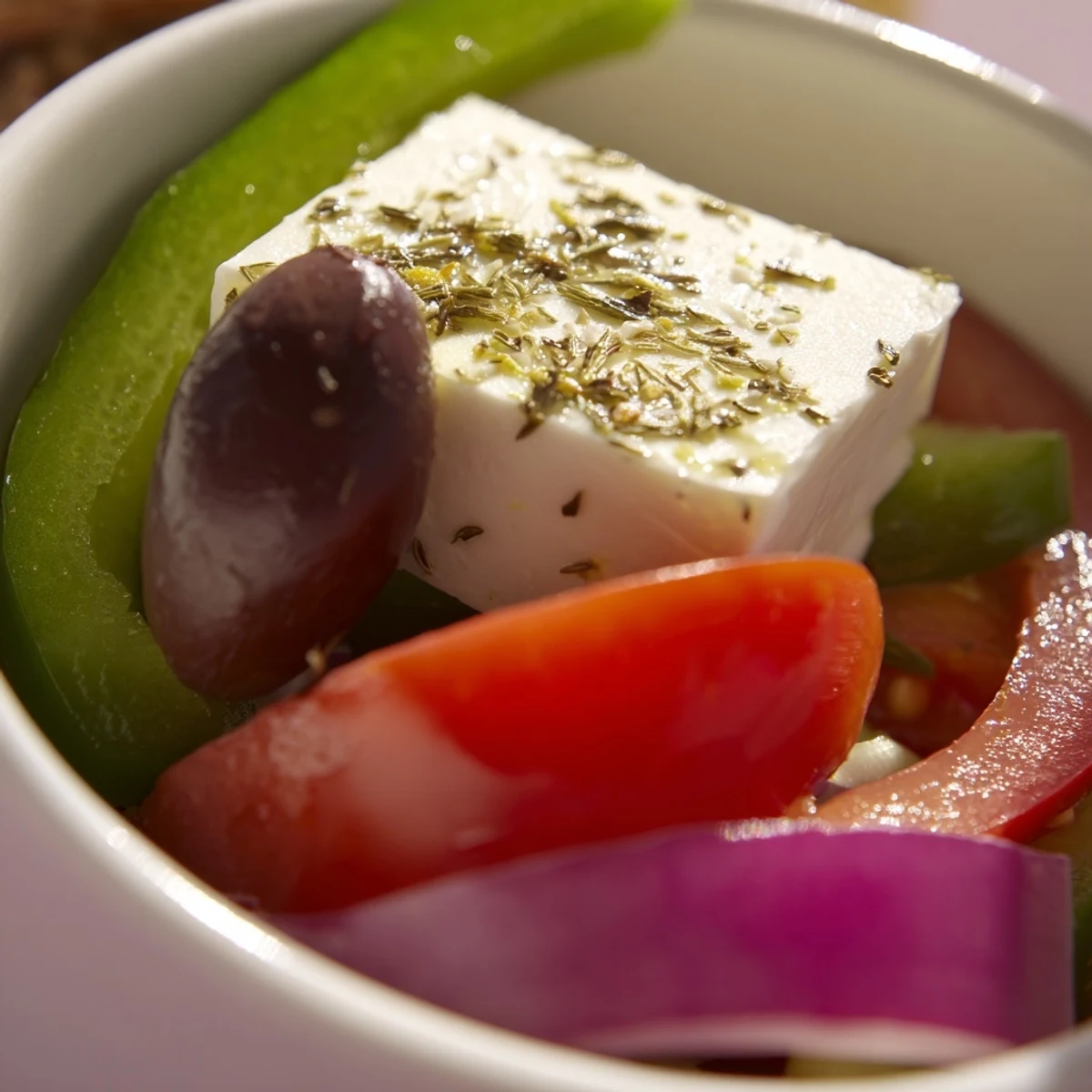 Classic Greek Salad with Kalamata olives and feta, served fresh with a simple olive oil dressing.