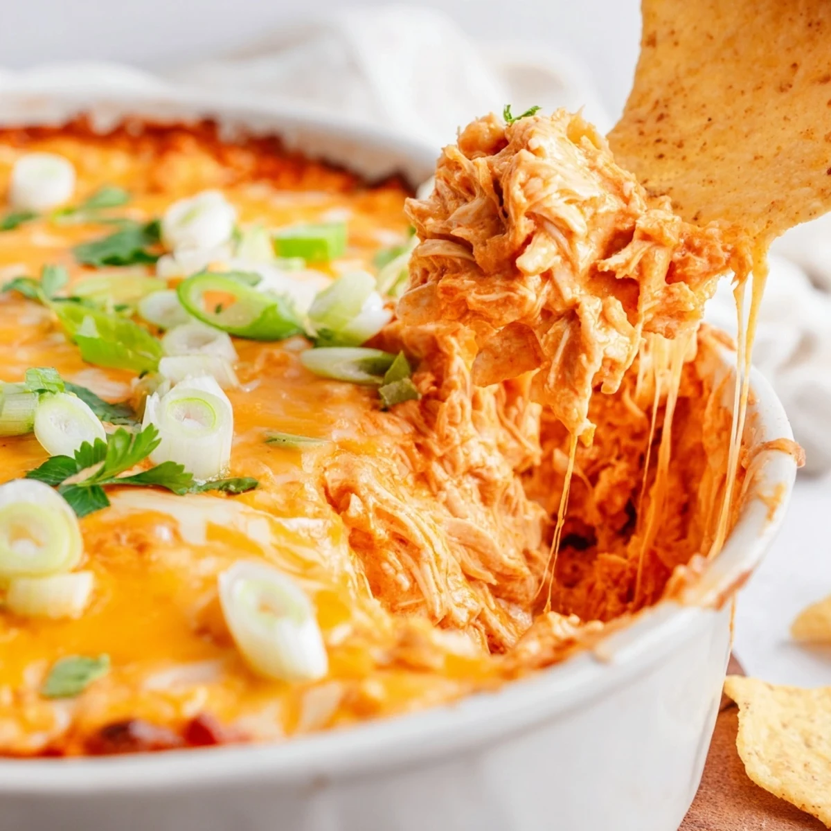 Hot from the oven, Spicy Buffalo Chicken Dip in a baking dish, garnished with parsley and green onions, alongside a pile of tortilla chips.