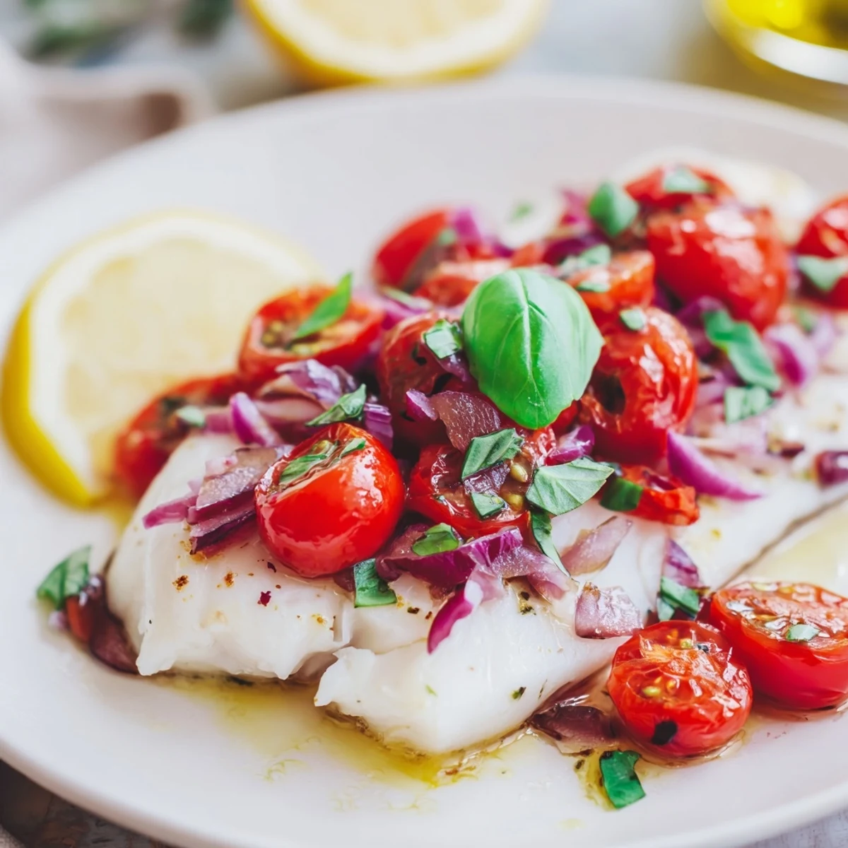 Tender Baked Halibut with Tomato and Basil Relish topped with diced tomatoes and balsamic glaze.