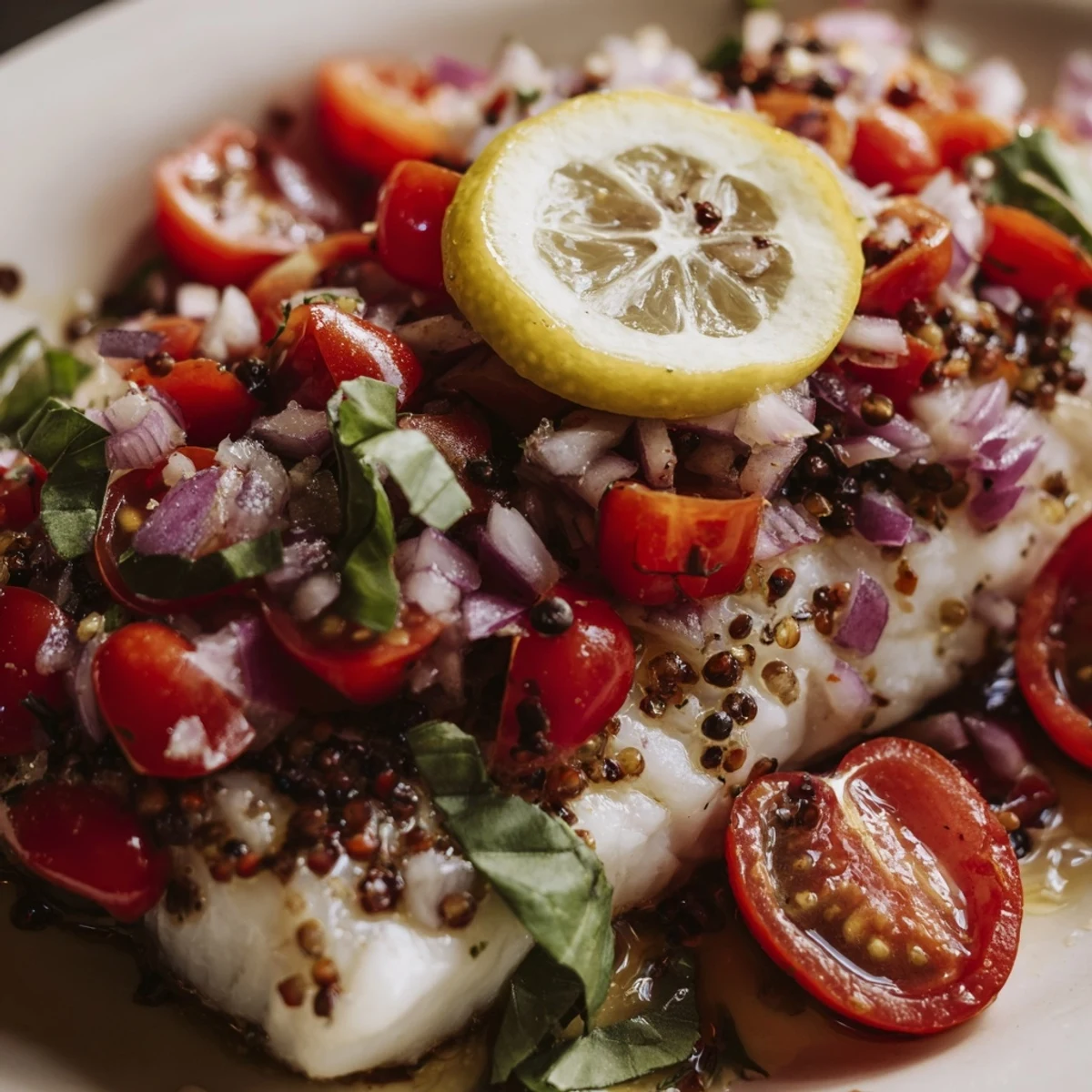 Close-up of flaky Baked Halibut with Tomato and Basil Relish plated with lemon wedges.