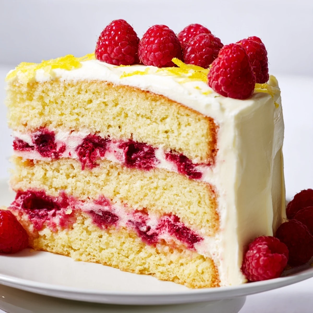 A close-up view of the Lemon Raspberry Layer Cake with Frosting, showing luscious cream cheese frosting and fresh raspberries on top.