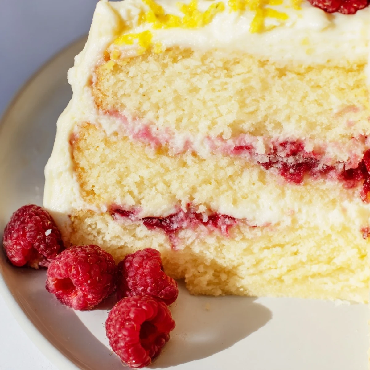 A slice of Lemon Raspberry Layer Cake with Frosting on a dessert plate, ready to be served with a hot cup of tea.