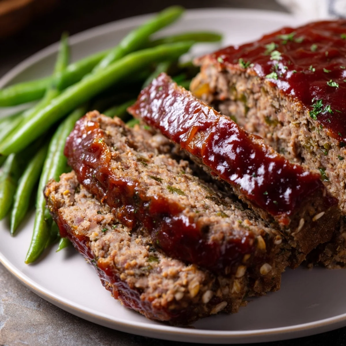 Freshly baked Turkey Meatloaf with Glaze and Green Beans, sliced and served on a white plate with a side of crisp-tender vegetables.