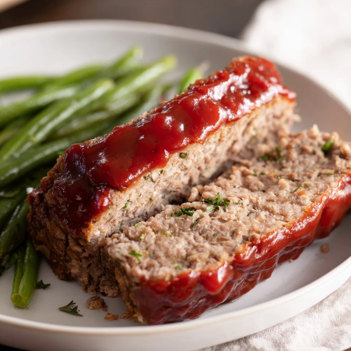 A close-up of glazed Turkey Meatloaf with Green Beans, highlighting the tangy ketchup coating and seasoned, sautéed beans.