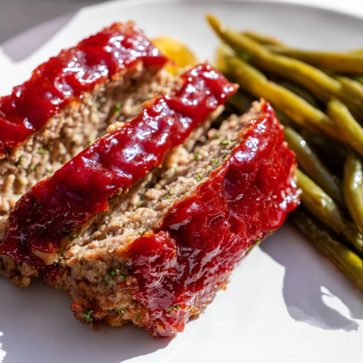 Sliced Turkey Meatloaf with Glaze and Green Beans plated for a wholesome family dinner, featuring a hearty portion and fresh lemon garnish.