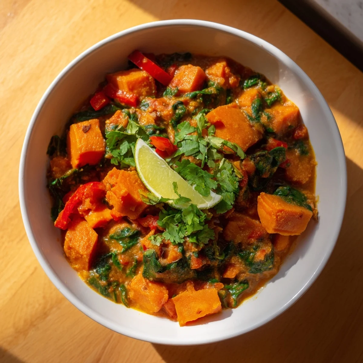A serving bowl of Vegan Sweet Potato Curry with Spinach, featuring tender orange sweet potato cubes and bright green spinach in creamy coconut sauce.