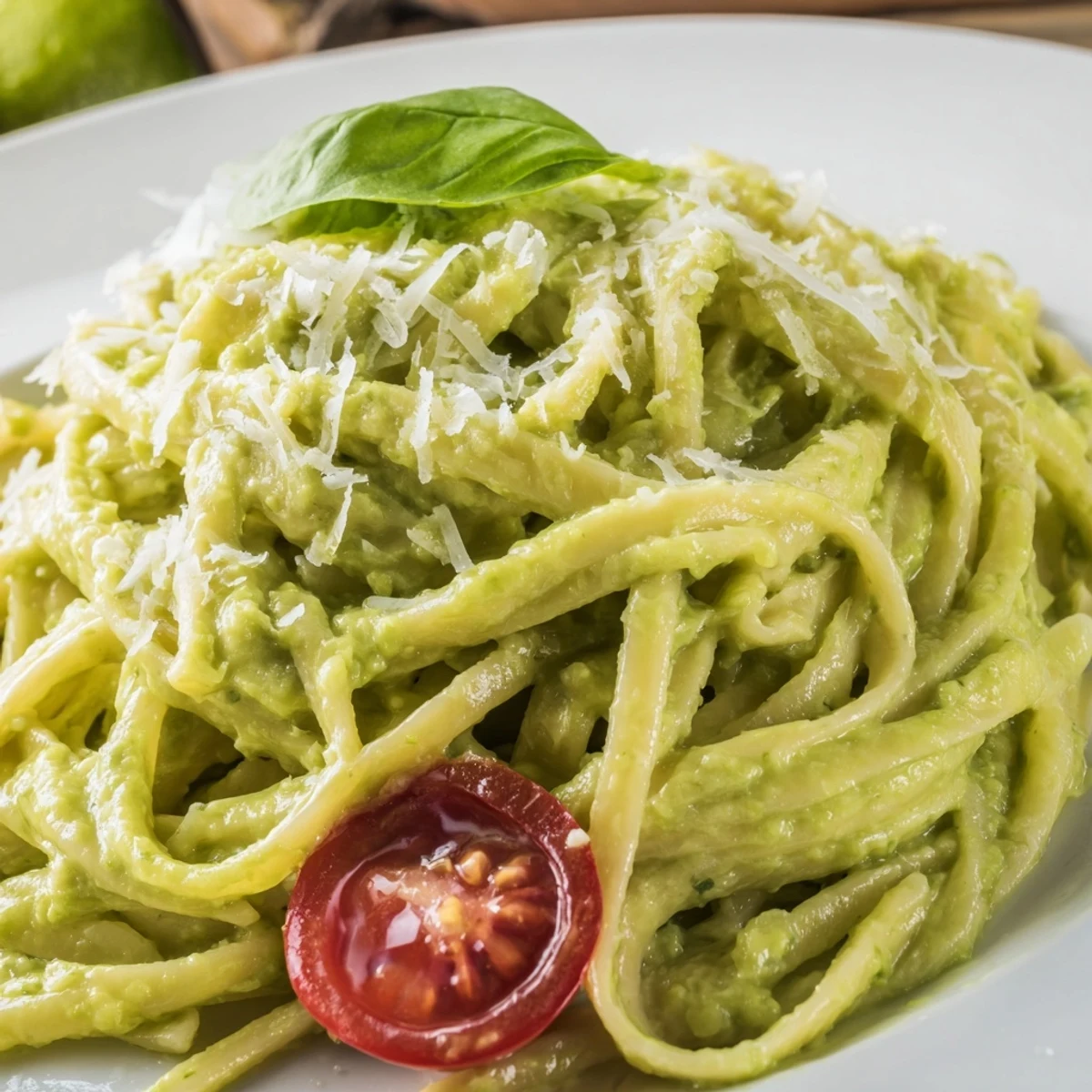 Tossed al dente spaghetti coated in creamy avocado lime sauce with halved cherry tomatoes and grated Parmesan cheese.