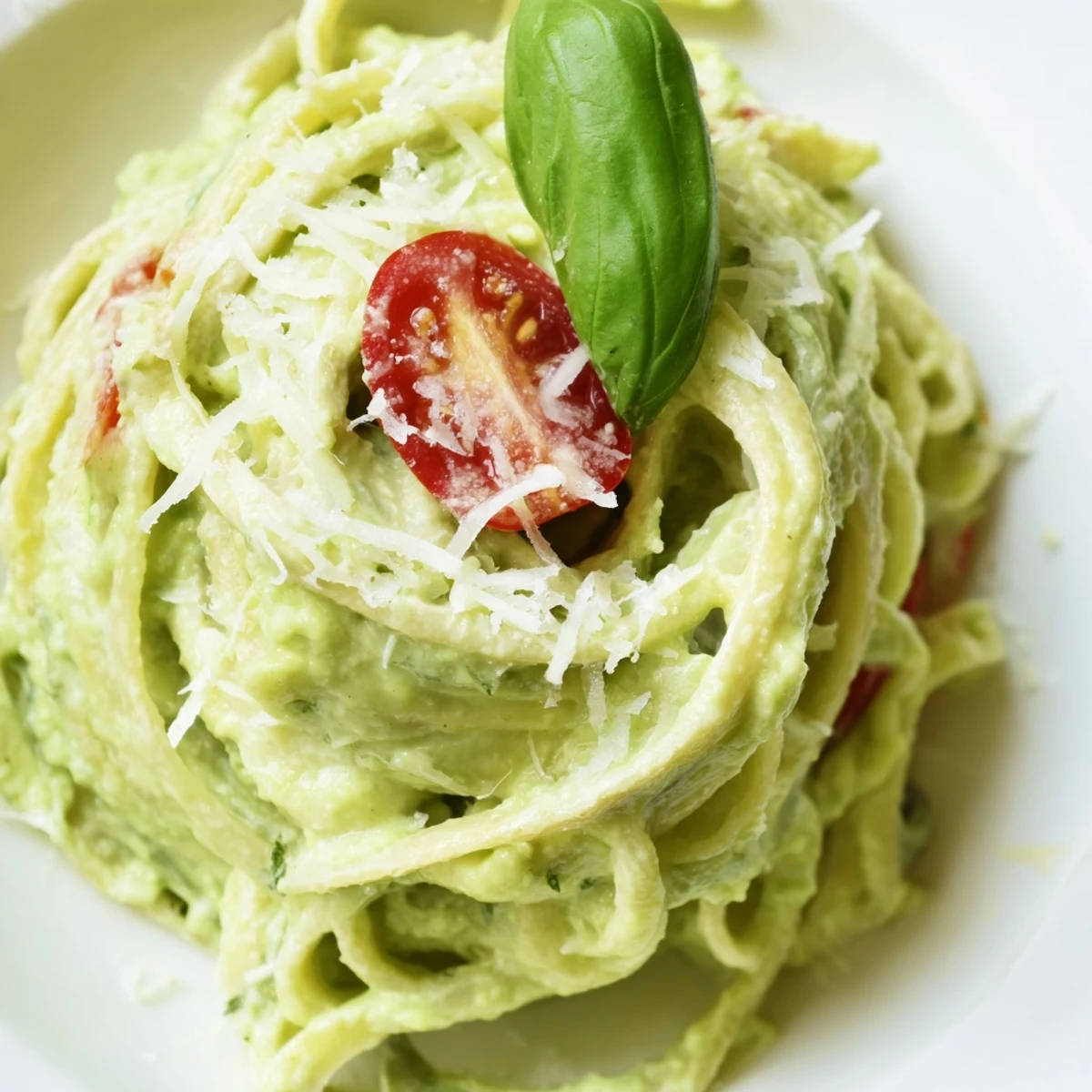 Creamy Avocado Lime Pasta with Cherry Tomatoes served in a white bowl with fresh basil garnish and extra lime zest.