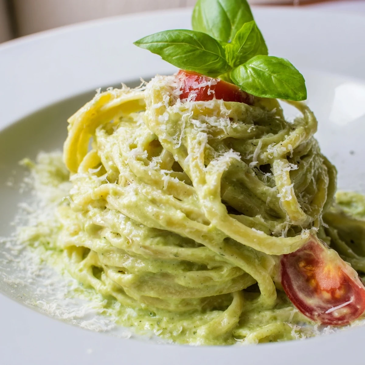 A vibrant platter of Creamy Avocado Lime Pasta with Cherry Tomatoes, ready to serve as a quick vegetarian dinner.