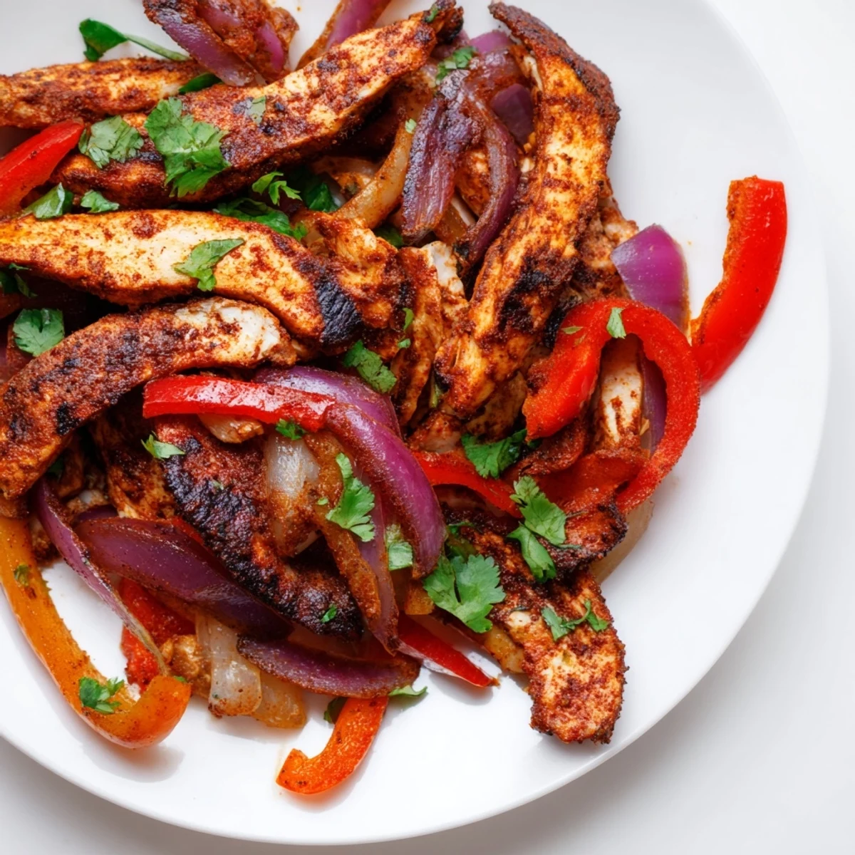Sheet Pan Chicken Fajitas with Onions and colorful bell peppers roasted with smoky spices on a parchment-lined pan