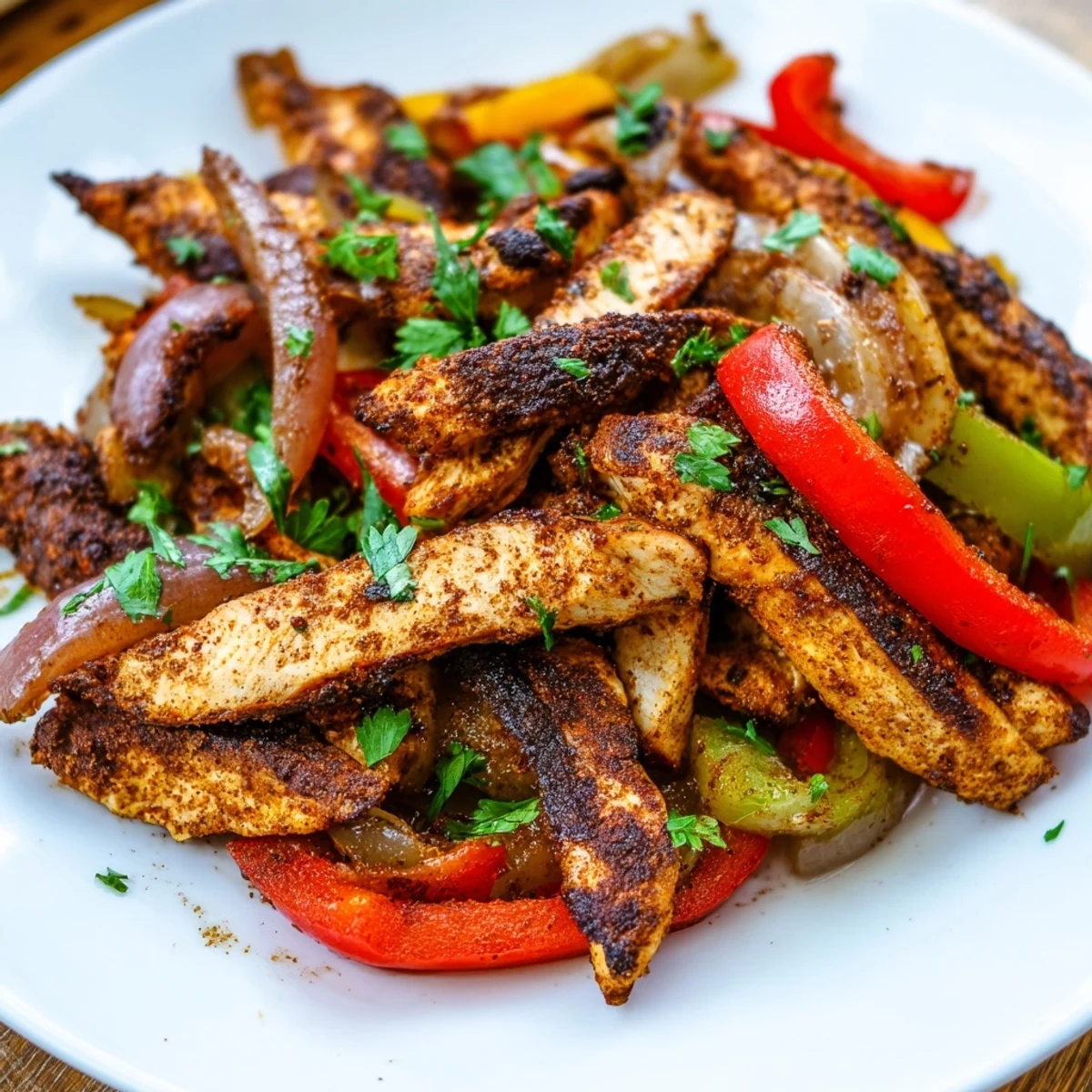 Tender roasted Sheet Pan Chicken Fajitas with Onions served sizzling with sautéed peppers, ready for guacamole and salsa toppings