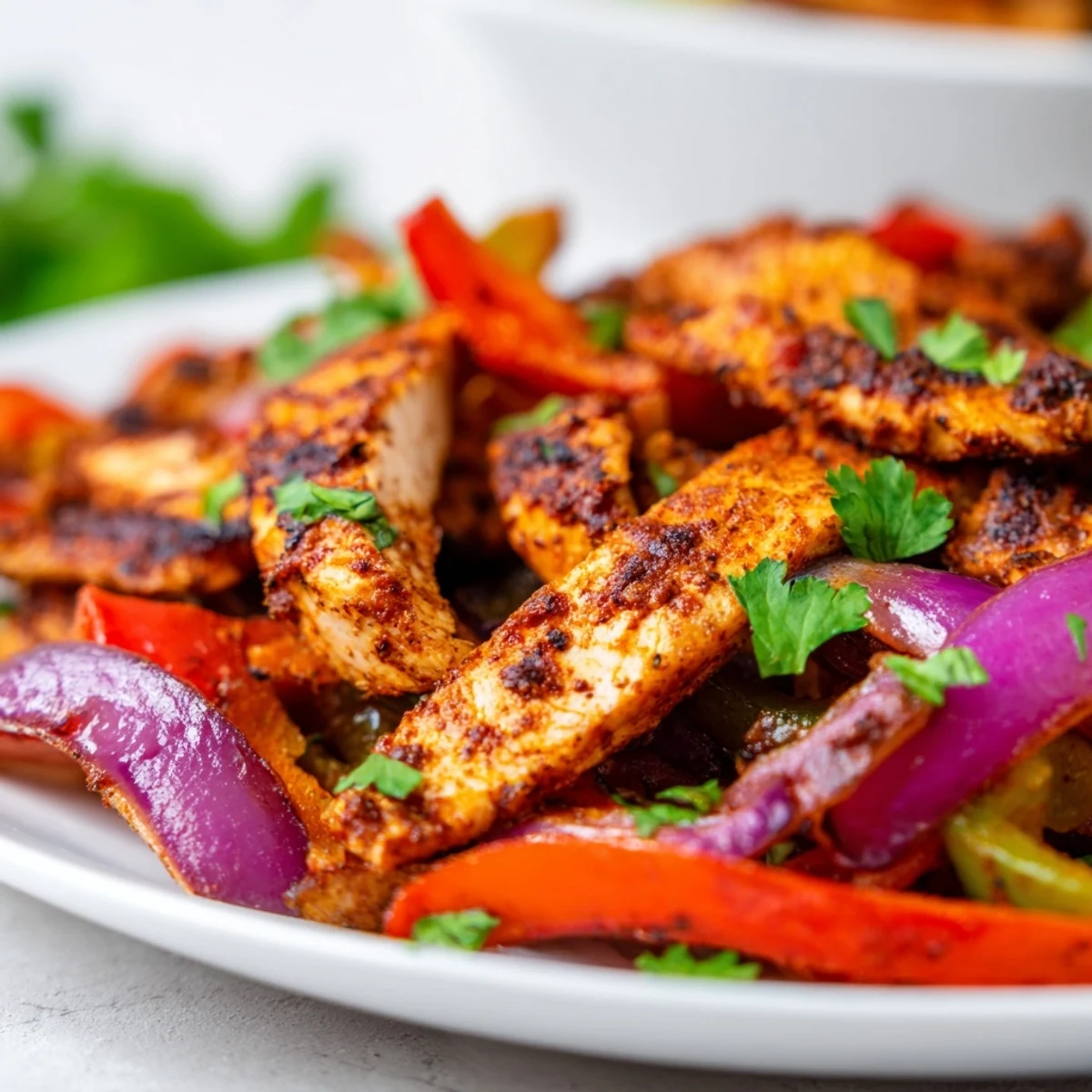Golden-brown Sheet Pan Chicken Fajitas with Onions piled high next to warm flour tortillas, lime wedges, and fresh cilantro