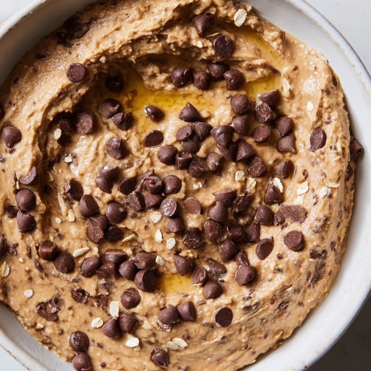 This healthy Chocolate Chip Cookie Dough Hummus dip is shown in a white bowl next to pretzels and graham crackers.