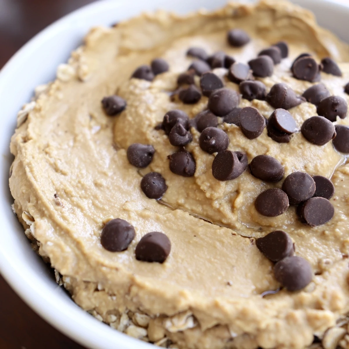 Thick and creamy Chocolate Chip Cookie Dough Hummus swirled in a bowl with a spoon, ready to eat as a dessert.