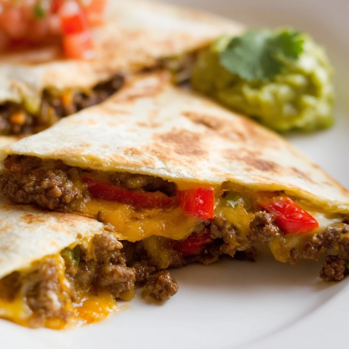 A close-up of melted cheese pulling away from Beef Quesadillas with Salsa and Guacamole on a plate.
