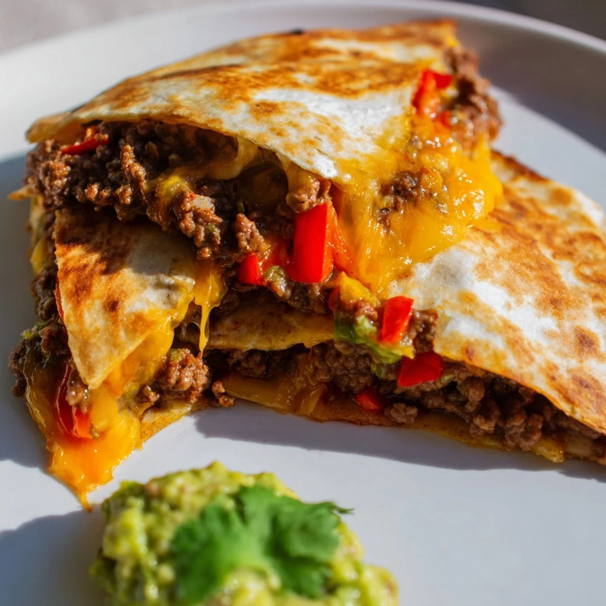 Stack of sliced Beef Quesadillas with Salsa and Guacamole beside a bowl of fresh guacamole.
