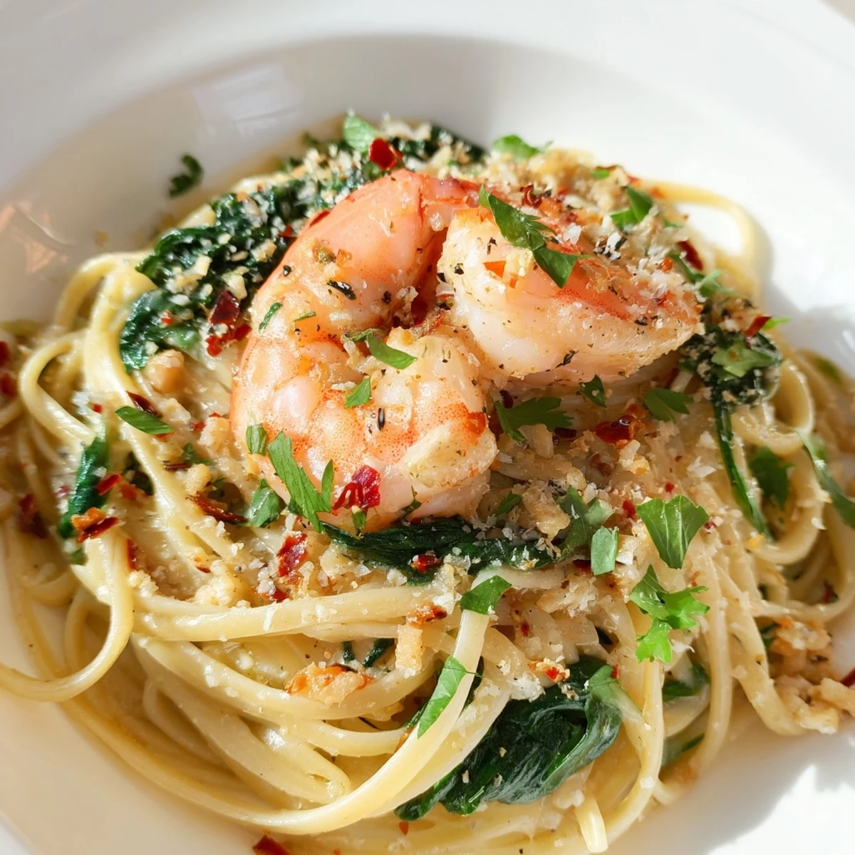 A close-up of a steaming bowl of Lemon Garlic Shrimp Pasta with Fresh Baby Spinach, garnished with parsley and served with lemon wedges.