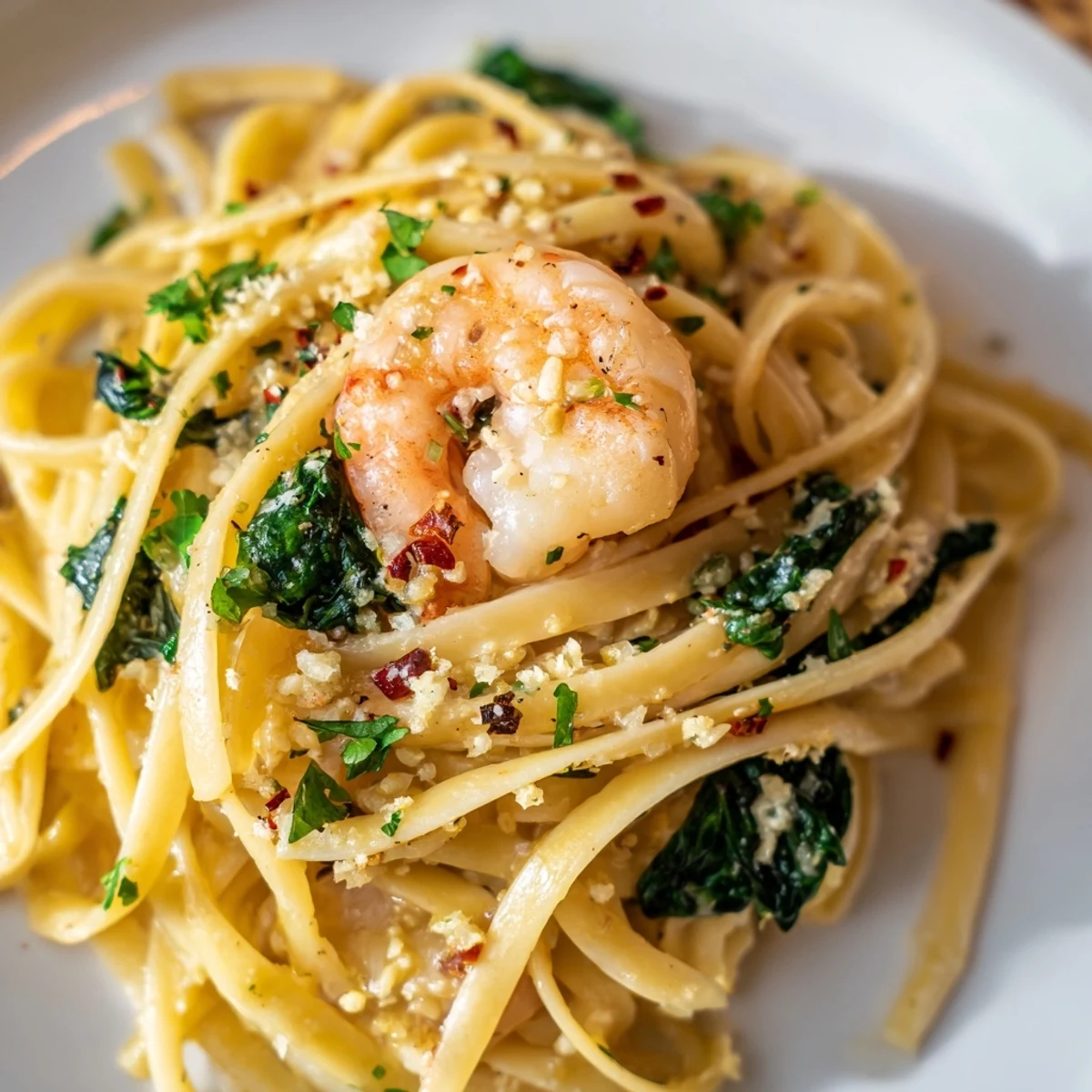 Juicy pink shrimp and wilted baby spinach mingle in a glossy citrus-garlic sauce over pasta, ready for a weeknight family dinner.
