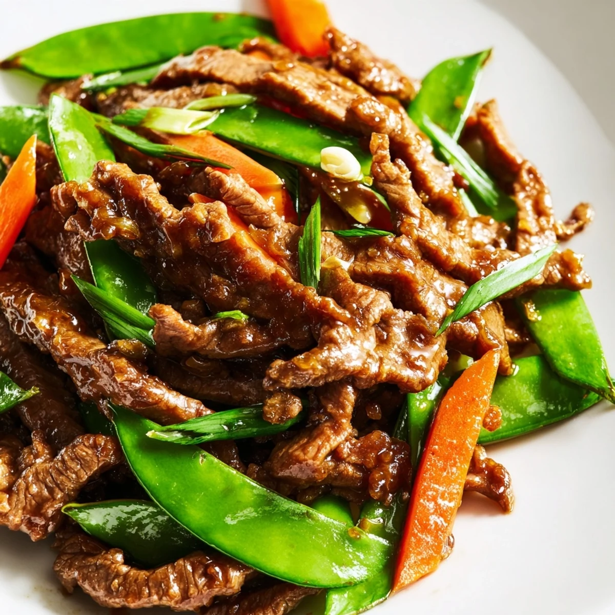 Golden brown beef strips, vibrant snow peas, and orange carrot slices coated in glossy ginger soy sauce in a wok.