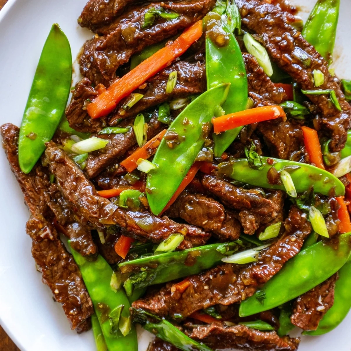 Sizzling wok-tossed beef strips, crisp snow peas, and tender carrots in a savory ginger sauce, ready to serve.