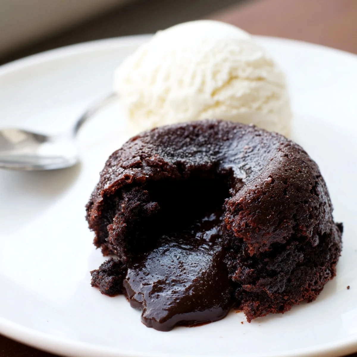 Warm chocolate lava cakes with molten centers sit beside a scoop of vanilla bean ice cream on a white plate, melting slightly and ready to enjoy.