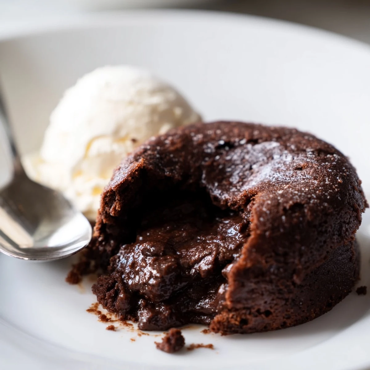 A spoon cuts into a warm Chocolate Lava Cakes with Vanilla Bean Ice Cream, revealing the oozing molten chocolate center next to creamy vanilla ice cream.