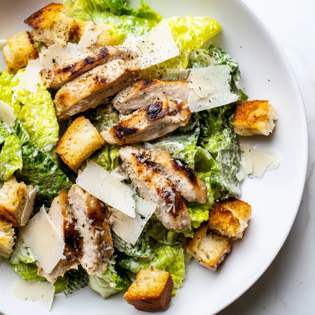 Juicy grilled chicken slices and golden garlic croutons top a bowl of crisp romaine in this Chicken Caesar Salad.