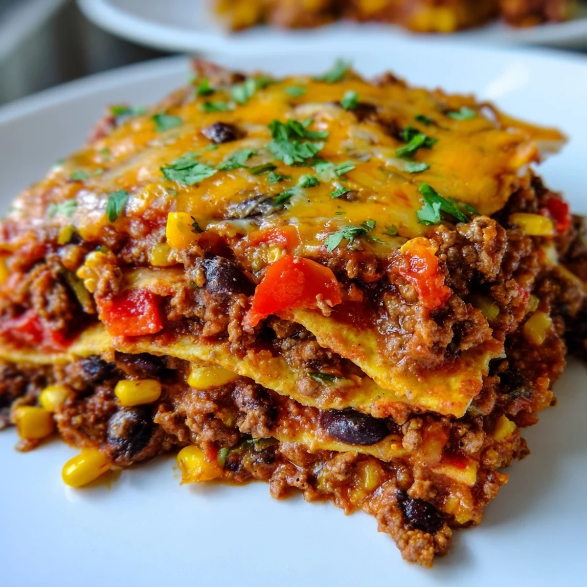 Golden melted cheddar and Monterey Jack blanket a hearty Beef Enchilada Casserole with seasoned beef and saucy tortillas.
