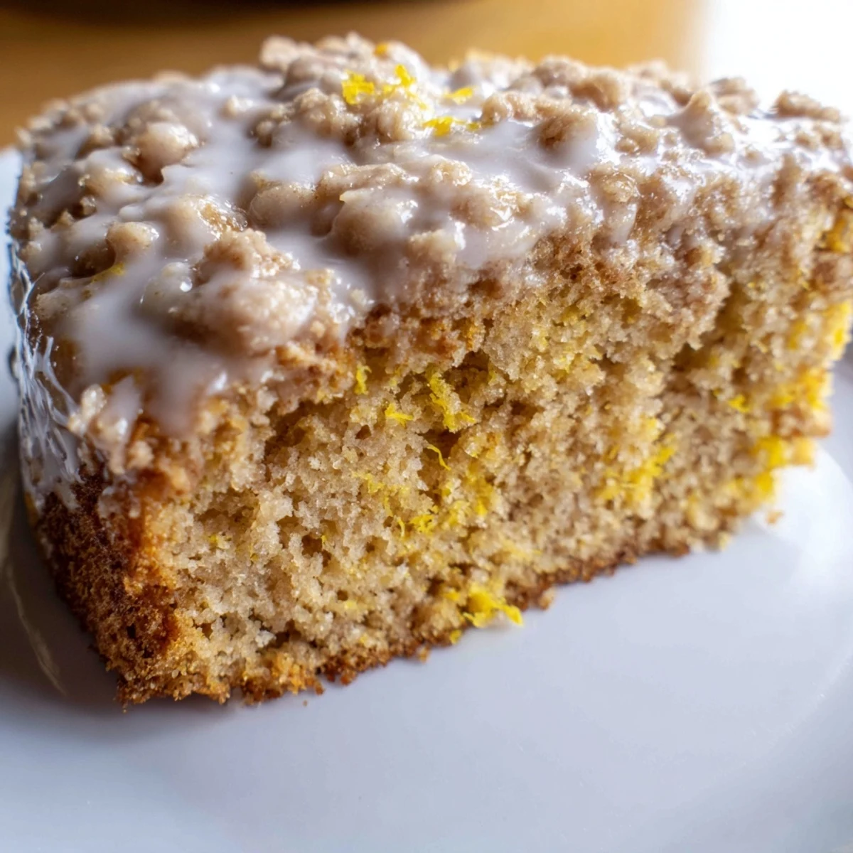 A slice of moist Lemon Coffee Cake with Cinnamon Crumble reveals tender crumb and sweet glaze dripping down the side.