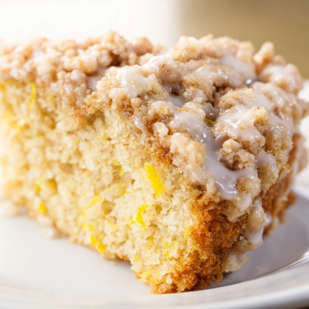 Close-up of Lemon Coffee Cake with Cinnamon Crumble topped with a forkful of crumbs next to a cup of coffee.