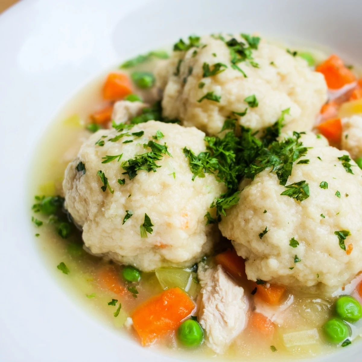 A steaming bowl of Chicken Soup with Fluffy Dumplings garnished with fresh parsley, served beside a napkin and spoon.
