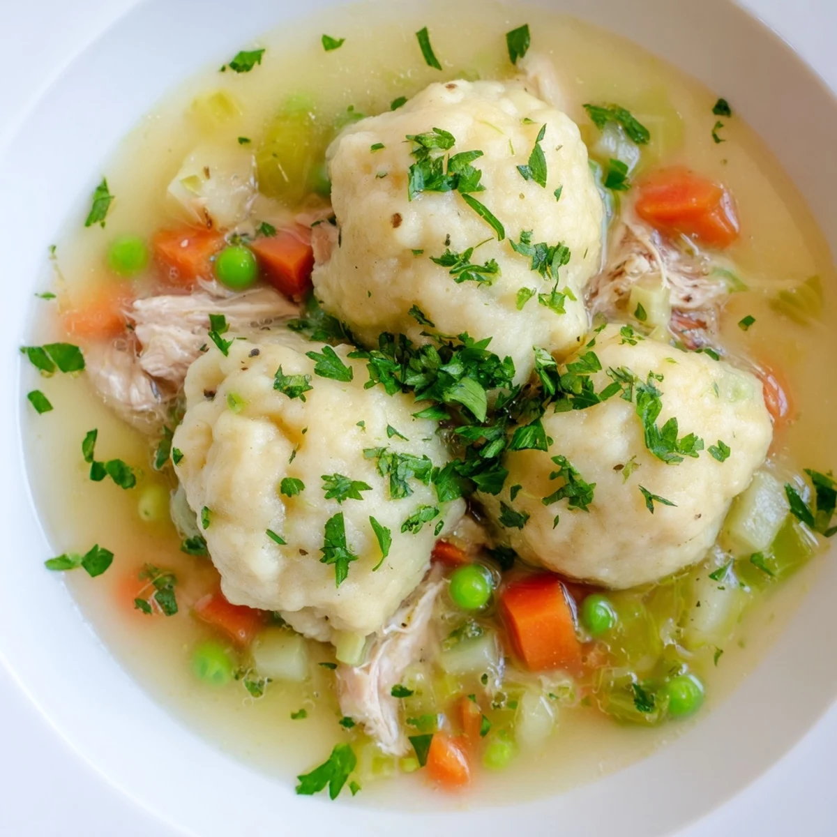 Golden-brown, pillowy dumplings rest in a hearty Chicken Soup with Fluffy Dumplings, packed with carrots, peas, and tender shredded chicken.
