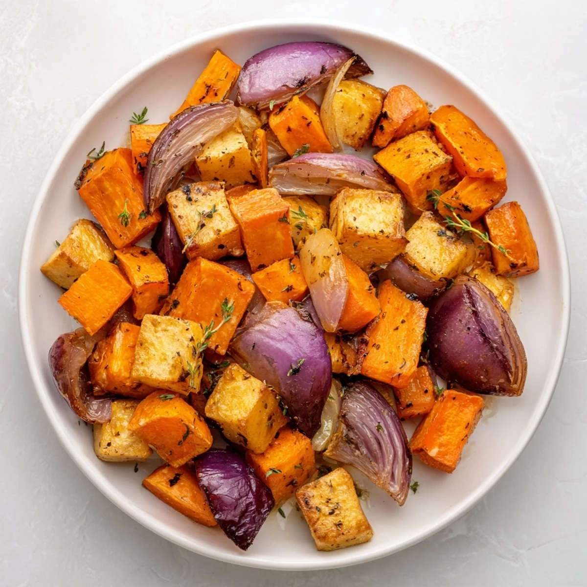 Close-up of golden-brown Roasted Root Vegetables with Thyme fresh from the oven, showcasing caramelized sweet potato and carrot chunks.