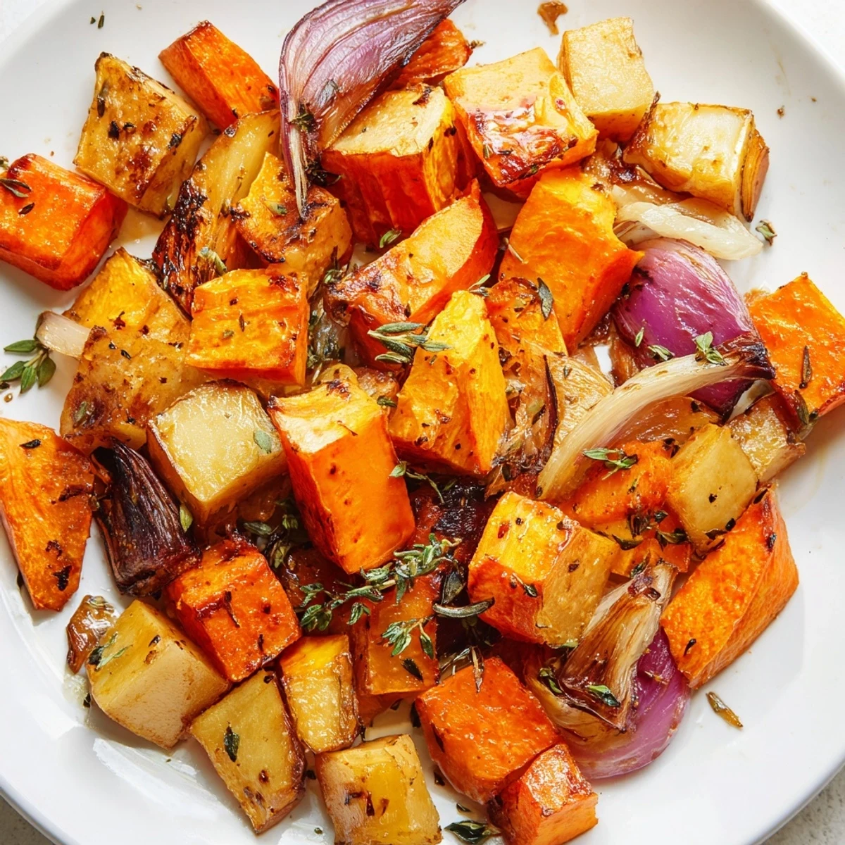 A hearty bowl of Roasted Root Vegetables with Thyme, served alongside roasted chicken for a complete, comforting family dinner.