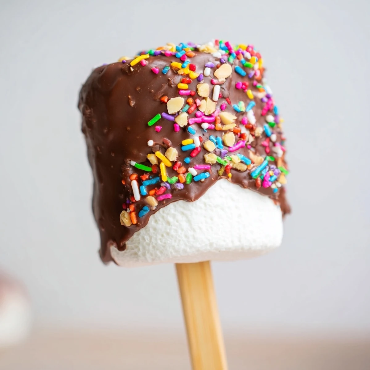 Chocolate Marshmallows on a Stick dipped in glossy dark chocolate, sprinkled with colorful sugar, displayed on a white marble countertop.