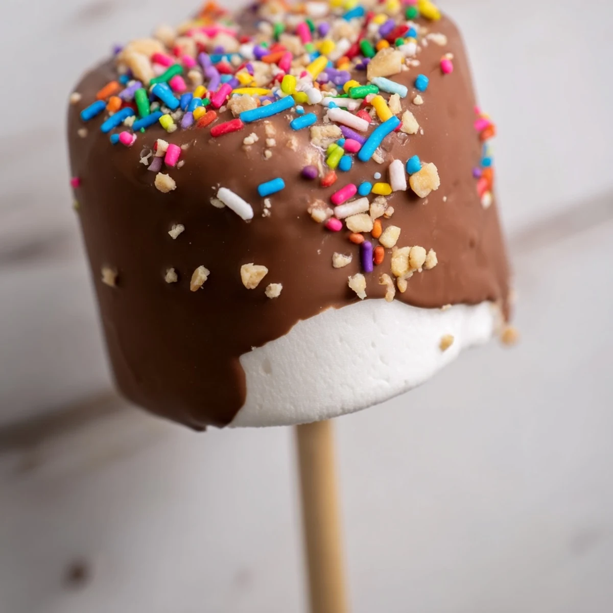 A close-up of Chocolate Marshmallows on a Stick showing a crunchy sprinkle coating on melted chocolate, held by a hand against a blurred background.